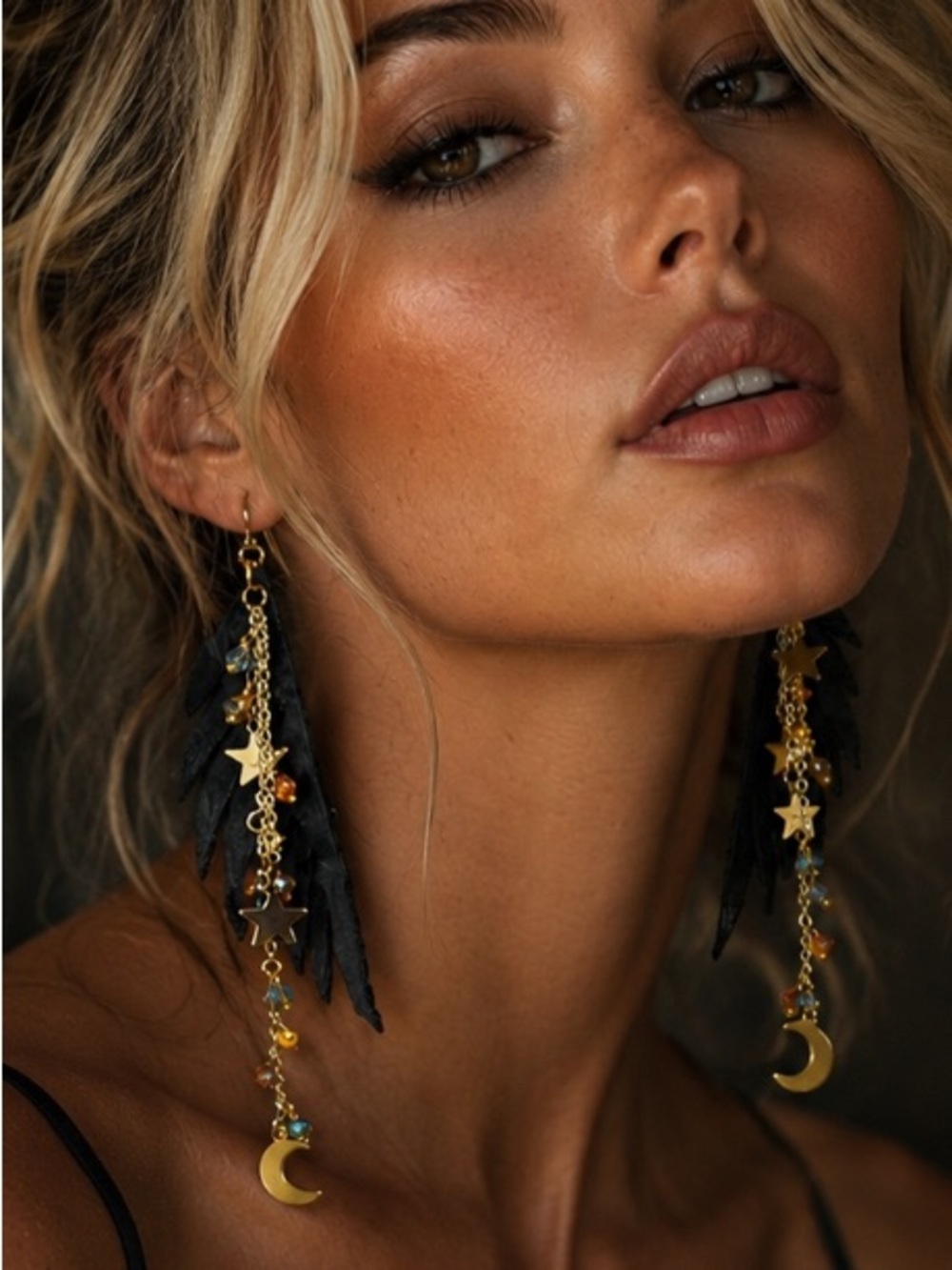 Black Leather Raven Wings & Gold Star Moon Drop Fringe Boho Earrings | Artisan - Picture 10 of 16